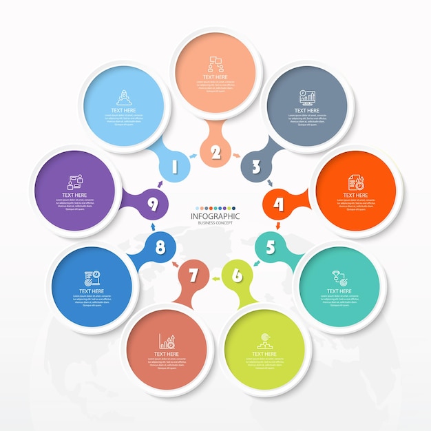 Plantilla infográfica circular básica con 9 pasos, procesos u opciones.