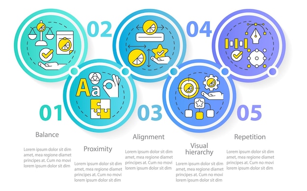 Plantilla infográfica circular de principios de diseño gráfico Obra de arte Visualización de datos con 5 pasos Diagrama de información de la línea de tiempo del proceso Diseño de flujo de trabajo con iconos de línea Se utilizan innumerables fuentes ProRegular