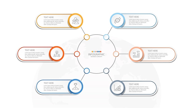 Plantilla infográfica de círculo básico con proceso de 6 pasos o gráfico de proceso de opciones Utilizado para presentaciones de diagramas de procesos diseño de flujo de trabajo infografía de diagrama de flujo Ilustración vectorial eps10