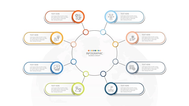 Plantilla infográfica de círculo básico con proceso de 8 pasos o gráfico de proceso de opciones Se utiliza para presentaciones de diagramas de procesos diseño de flujo de trabajo infografía de diagrama de flujo Ilustración vectorial eps10