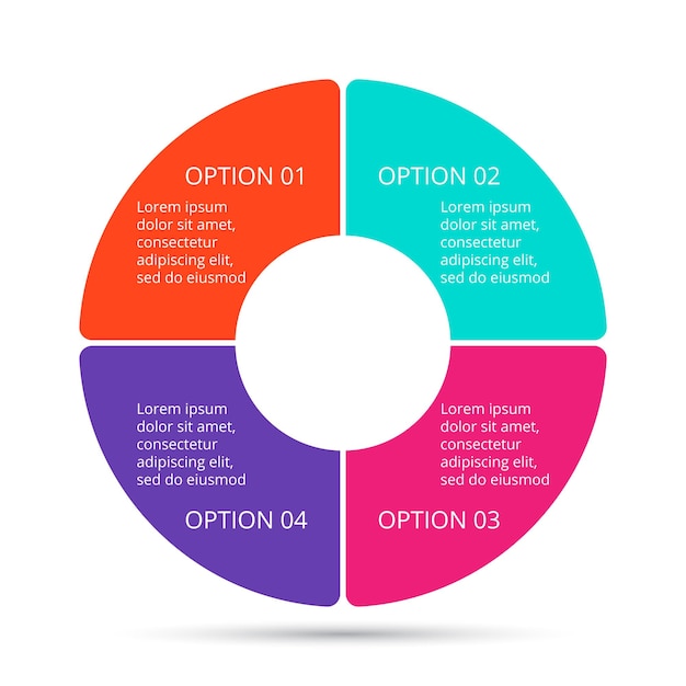 Plantilla infográfica de círculo vectorial para diagrama de ciclo con 4 opciones, pasos o procesos