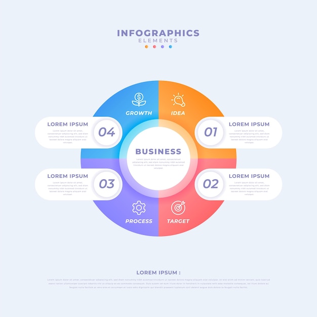 Vector plantilla infográfica de diagrama circular degradado con cuatro pasos u opciones