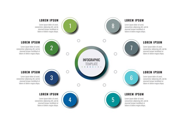 Plantilla infográfica empresarial moderna con ocho elementos realistas redondos sobre un fondo blanco