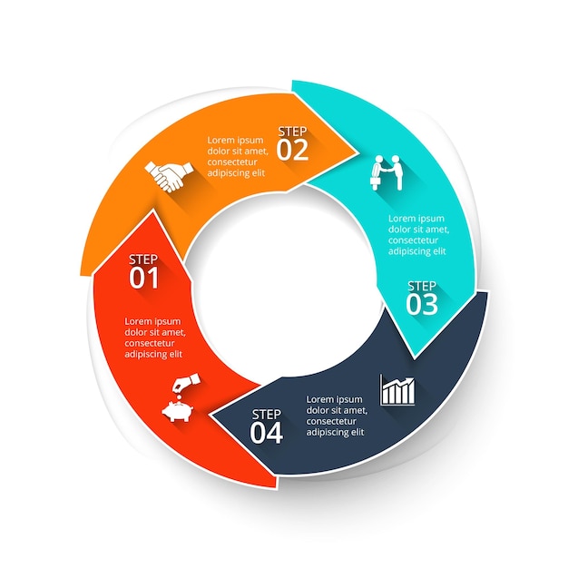 Plantilla infográfica de flechas vectoriales para diagrama de ciclo con 4 procesos visualización de datos