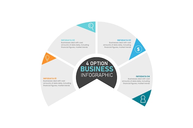 Plantilla infográfica de gráfico circular con 4 opciones para presentaciones, diseños publicitarios anuales