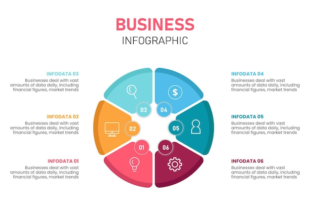 Plantilla infográfica de gráfico circular con 6 opciones para presentaciones, diseños publicitarios