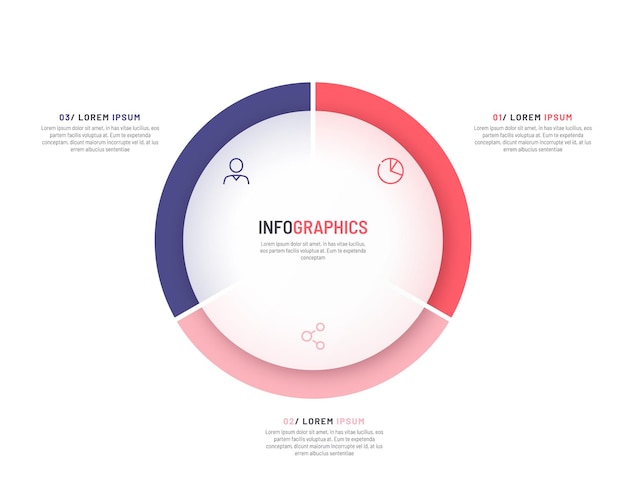 Plantilla infográfica de gráfico circular dividida en tres partes Ilustración vectorial