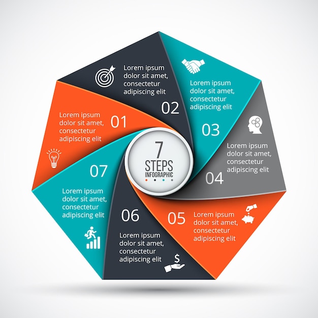 Plantilla infográfica de heptágono vectorial para diagrama de ciclo con 7 opciones, pasos o procesos de piezas