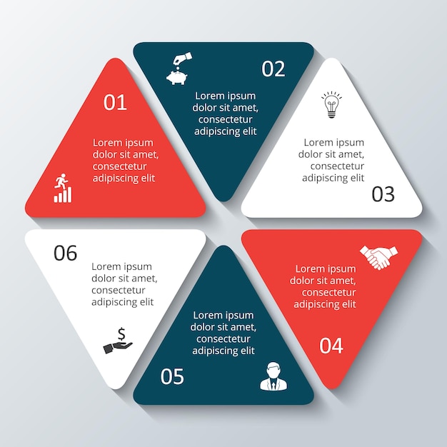 Plantilla infográfica de hexágono vectorial para diagrama de ciclo con 6 opciones, pasos o procesos de piezas