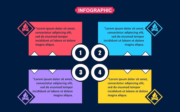 Plantilla infográfica de hoguera con cuatro opciones en la ilustración de vector de fondo oscuro