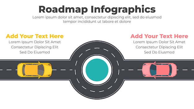 Plantilla infográfica de hoja de ruta plana vectorial con coches