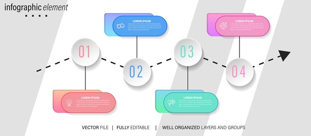 Plantilla infográfica de línea de cuadro moderna con 4 pasos Plantilla de círculo empresarial con opciones para folleto