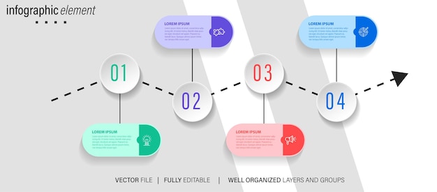 Plantilla infográfica de línea de cuadro moderna con 4 pasos Plantilla de círculo empresarial con opciones para folleto