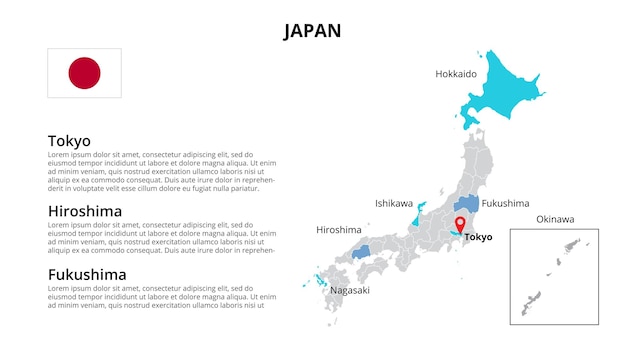 Plantilla infográfica de mapa vectorial de japón dividida por estados, regiones o provincias presentación de diapositivas