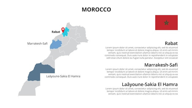 Vector plantilla infográfica de mapa vectorial de marruecos dividida por estados, regiones o provincias presentación de diapositivas