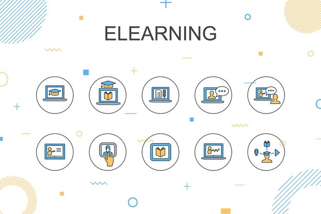 Plantilla infográfica de moda de aprendizaje electrónico Diseño de línea delgada con aprendizaje a distancia Capacitación en línea Capacitación en video Seminario web