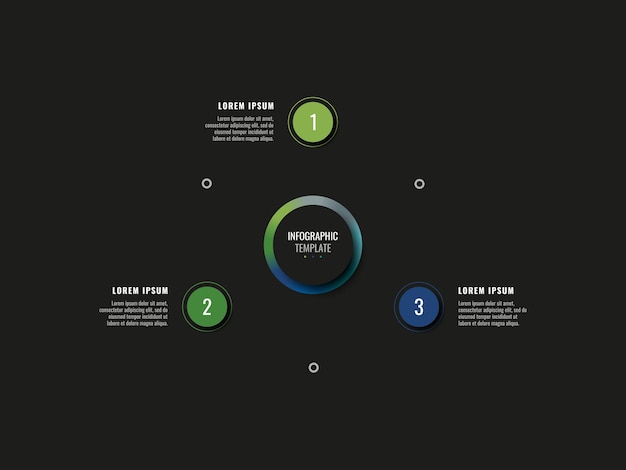 Plantilla infográfica moderna circular con tres elementos redondos realistas sobre un fondo negro