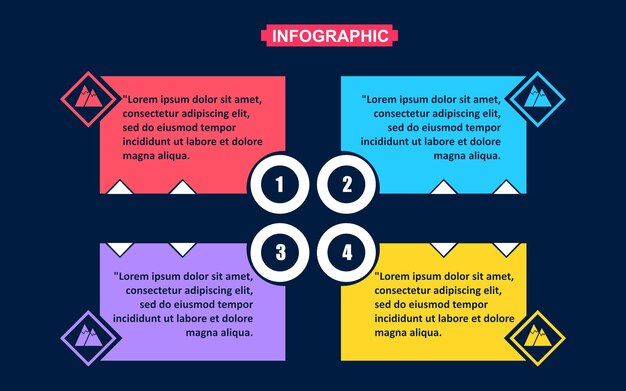 Plantilla infográfica de montaña con cuatro opciones en la ilustración de vector de fondo oscuro