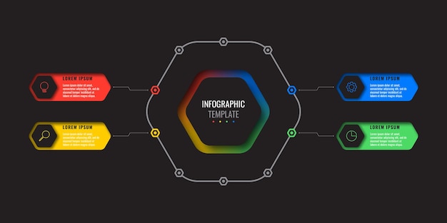 plantilla infográfica de negocios con cuatro elementos hexagonales realistas con iconos de líneas finas en negro