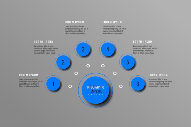 Plantilla infográfica de negocios gris horizontal con seis elementos redondos y cuadros de texto de color azul profundo