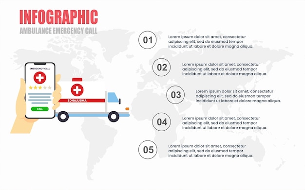 Plantilla infográfica de presentación del icono de ambulancia con cinco campos de texto explicativos.