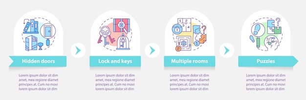 Plantilla infográfica redonda de aspectos de la sala de escape puertas ocultas visualización de datos con 4 pasos gráfico de información de la línea de tiempo del proceso diseño del flujo de trabajo con iconos de línea myriad probold fuentes regulares utilizadas