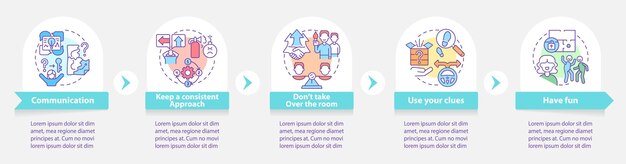 Plantilla infográfica redonda del plan de acción de la sala de escape Diviértase Visualización de datos con 5 pasos Gráfico de información de la línea de tiempo del proceso Diseño del flujo de trabajo con iconos de línea Myriad ProBold Fuentes regulares utilizadas
