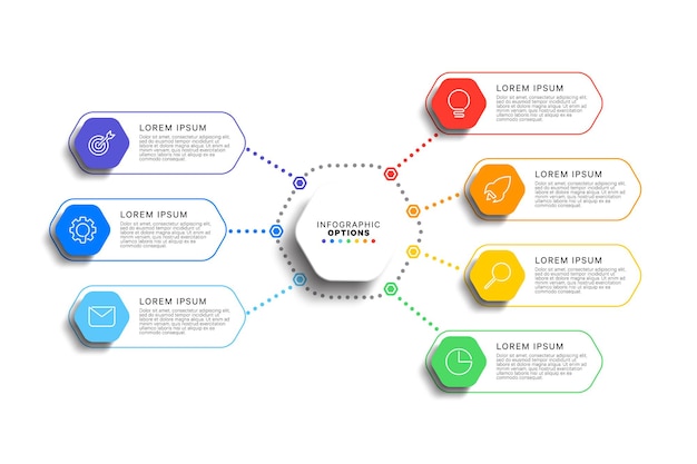 Plantilla infográfica con siete elementos hexagonales multicolores de línea fina sobre un fondo blanco.