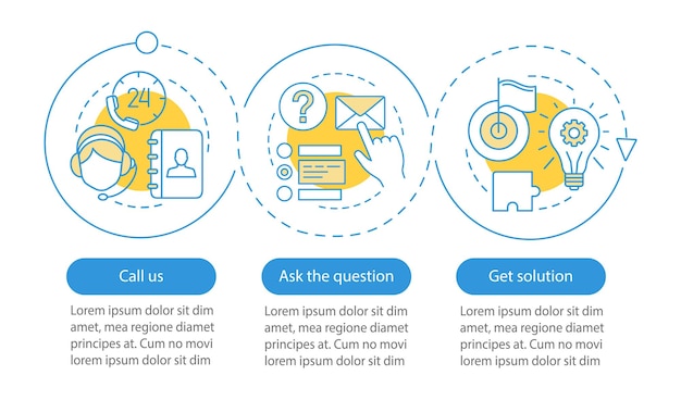 Vector plantilla infográfica vectorial del centro de llamadas línea directa de asistencia servicio al cliente soporte en línea visualización de datos con tres pasos y opciones gráfico de línea de tiempo del proceso diseño de flujo de trabajo con iconos