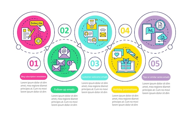 Plantilla infográfica vectorial de marketing por correo electrónico. Correo masivo. Elementos de diseño de presentación de negocios. Visualización de datos con cinco opciones. Gráfico de línea de tiempo del proceso. Diseño de flujo de trabajo con iconos lineales