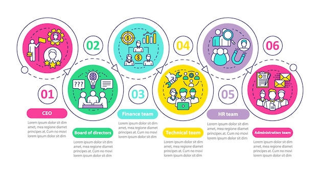 Plantilla infográfica vectorial del personal de la empresa. director general, junta directiva. elementos de diseño de presentación de negocios. visualización de datos con seis pasos. gráfico de línea de tiempo del proceso. diseño de flujo de trabajo con iconos lineales