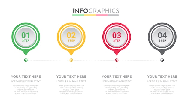 Plantilla de información gráfica de negocios con 4 pasos de diseño.