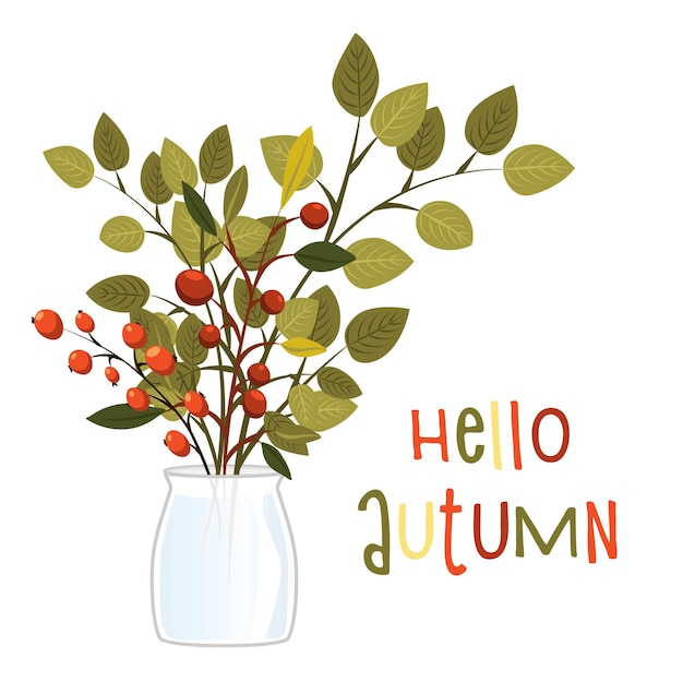Plantilla con la inscripción HOLA OTOÑO Ramo de flores y bayas en un jarrón de bienvenida
