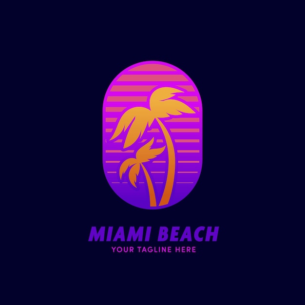 Vector plantilla de insignia de logotipo de palm tree beach en estilo neón retro de miami de los 80