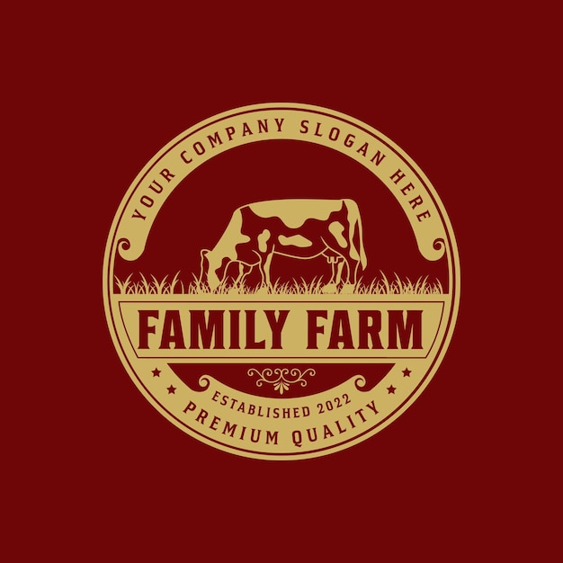Plantilla de insignia vintage retro de diseño de logotipo de granja de vacas
