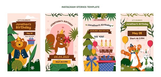 Plantilla de instagram de fiesta de cumpleaños de selva de diseño plano dibujado a mano