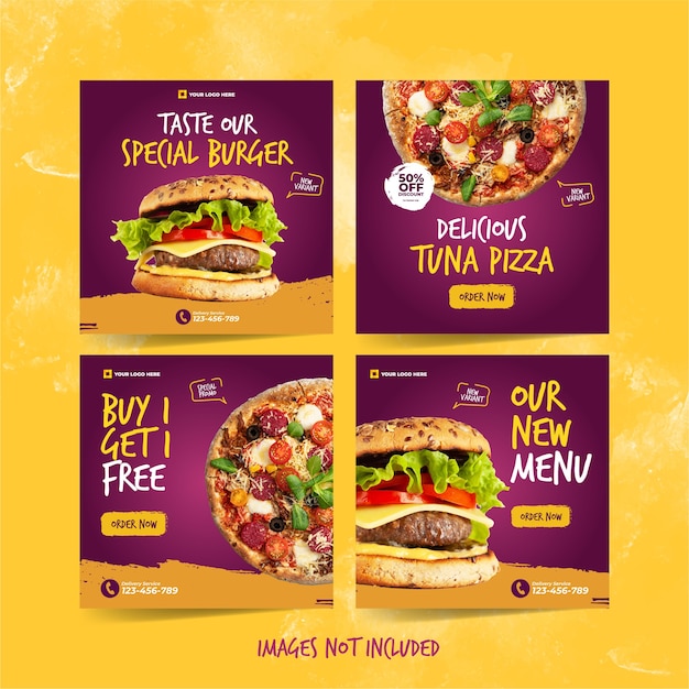 Vector plantilla de instagram de hamburguesa y pizza para publicidad en redes sociales de alimentos