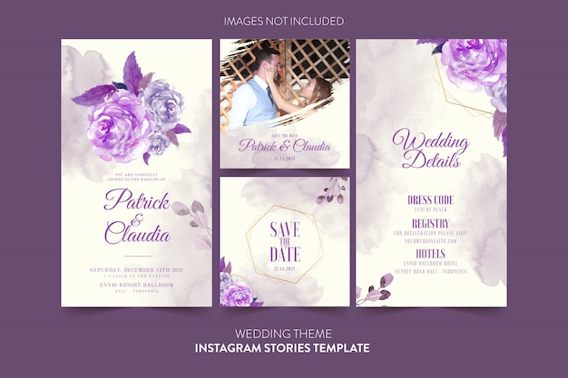 Plantilla de instagram para tarjeta de invitación de boda con flores y hojas de acuarela