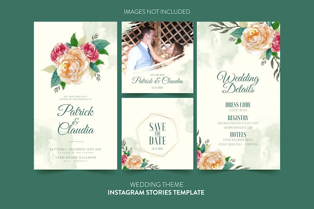 Plantilla de instagram para tarjeta de invitación de boda con flores y hojas de acuarela