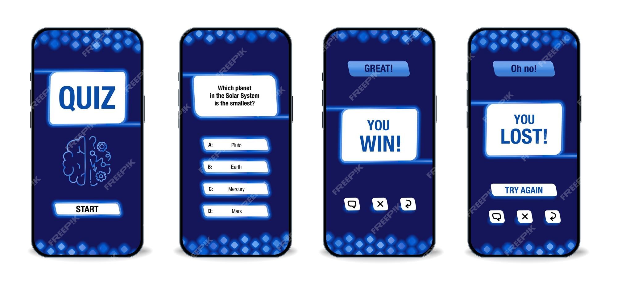 Juego de preguntas de la interfaz del smartphone app plantilla vectorial.  Página móvil de diseño azul. Concurso de la pantalla de la aplicación. Iu  plana. Intelectual Online pl Imagen Vector de stock 