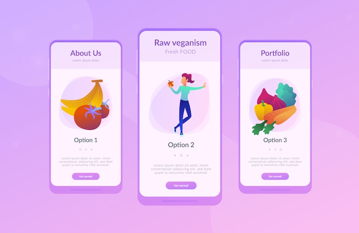 Vector plantilla de interfaz de aplicación vegana de alimentos crudos.