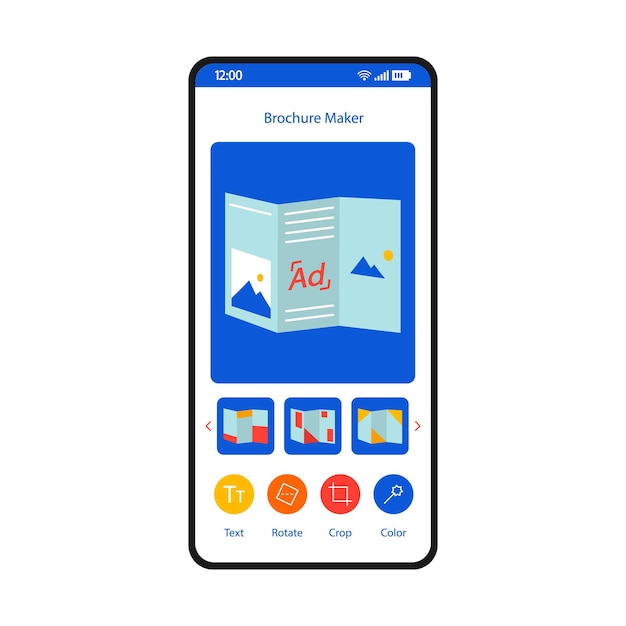 Plantilla de interfaz de teléfono inteligente para creador de folletos. Diseño de página móvil del creador de folletos en línea. Folletos publicitarios, pantalla de diseño de volantes. Sitio web de creación de folletos trípticos, interfaz de usuario plana de la aplicación. pantalla del teléfono