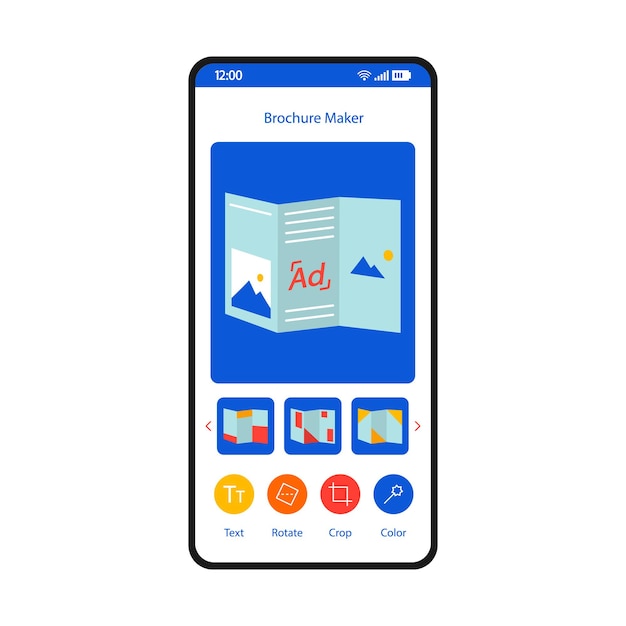 Plantilla de interfaz de teléfono inteligente para creador de folletos. diseño de página móvil del creador de folletos en línea. folletos publicitarios, pantalla de diseño de volantes. sitio web de creación de folletos trípticos, interfaz de usuario plana de la aplicación. pantalla del teléfono