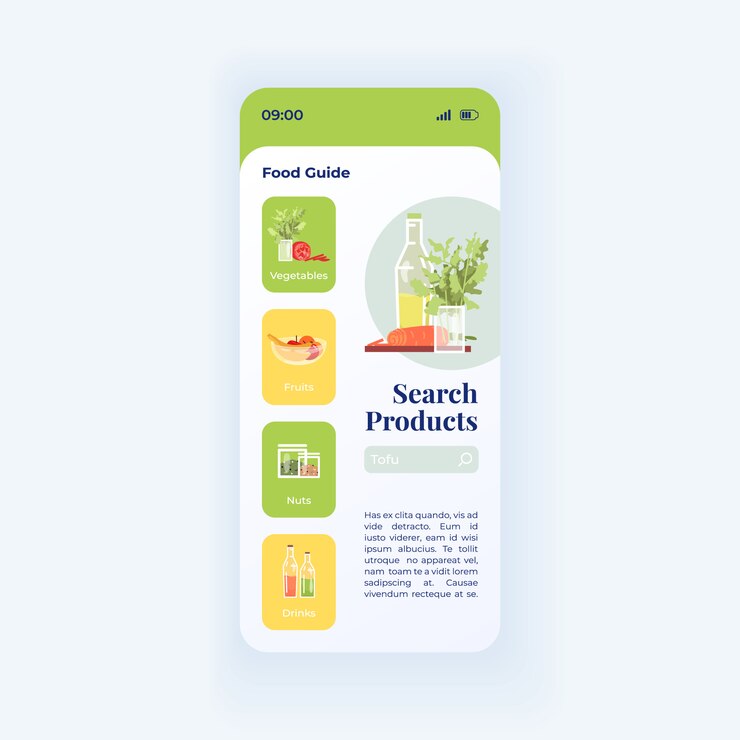 Vector plantilla de interfaz de teléfono inteligente de ingredientes frescos