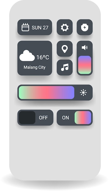 Plantilla de interfaz de usuario del centro de control con deslizadores de gradiente modernos y widget de tiempo