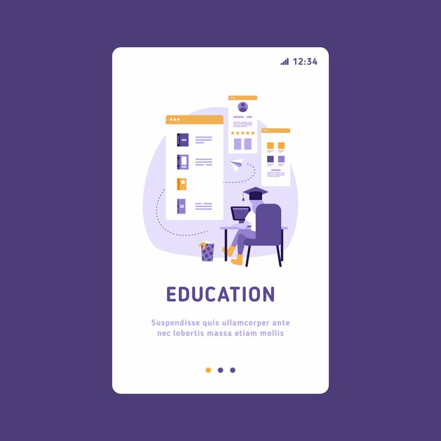 Plantilla de interfaz de usuario móvil UI UX, estructura de interfaz de la aplicación. Ilustración del concepto de aprendizaje electrónico de la mujer que usa la computadora portátil y la tableta para el estudio y la educación a distancia.