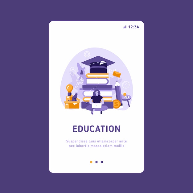 Plantilla de interfaz de usuario móvil UI UX, estructura de interfaz de la aplicación. Ilustración del concepto de aprendizaje electrónico de la mujer que usa la computadora portátil y la tableta para el estudio y la educación a distancia.
