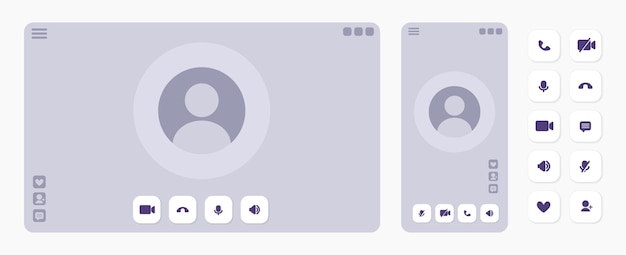 Vector plantilla de interfaz de videollamada con icono de usuario y botones diseño de luz ux en estilo minimalista