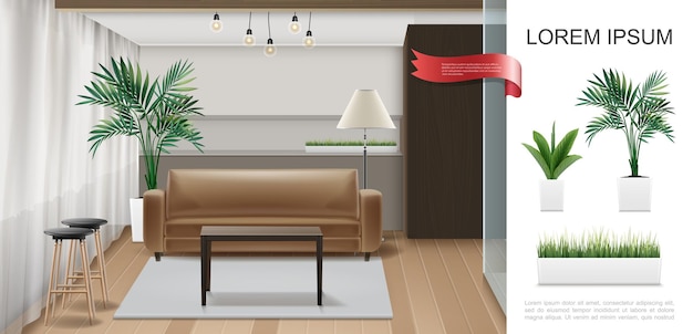 Vector plantilla interior de casa realista con sillas de mesa de acuario en plantas de lámparas de pie de madera y césped en macetas ilustración