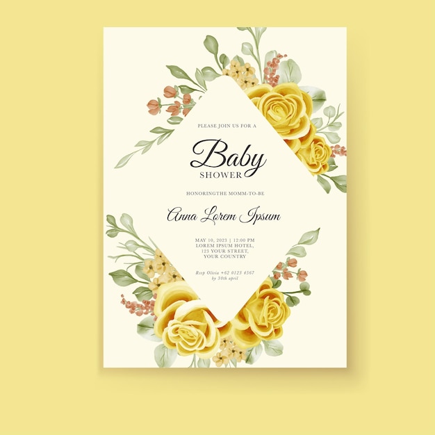 Vector plantilla de invitación de baby shower con decoración de rosas amarillas